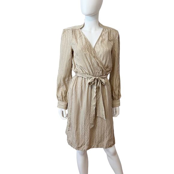 Trina Turk Champagne Silk Chain Faux Wrap Long Sleeve Dress, 0 - Picture 1 of 10